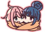  2girls :d :o ahoge bangs blue_eyes blue_hair blush_stickers cheek-to-cheek chibi cropped_shoulders dark_blue_hair eye_contact eyebrows eyebrows_visible_through_hair fringe_trim from_side gradient_eyes hair_between_eyes heads_together heart jaggy_lines kagamihara_nadeshiko looking_at_another looking_to_the_side multicolored_eyes multiple_girls no_nose open_mouth orange_scarf outline parted_lips pink_hair pink_outline portrait purple_eyes scarf shared_scarf shima_rin side-by-side simple_background smile swept_bangs tareme white_background yoru_nai yurucamp 