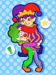  ! 1boy 2boys bittertoxicity blue_background blush blush_stickers bubbles_(tomodachi_life) carrying carrying_person clown commentary drop_shadow english_commentary eyeshadow facepaint flying_sweatdrops full_body green_hair hat hugh_morris_(tomodachi_life:_living_the_dream) jester jester_cap long_sleeves makeup male_focus mii_(nintendo) multiple_boys overalls pants pointy_ears polka_dot polka_dot_background purple_eyeshadow purple_hair red_eyes red_nose short_hair smile speech_bubble spoken_exclamation_mark star_(symbol) striped_clothes striped_pants sweatdrop thick_eyebrows tomodachi_life tomodachi_life:_living_the_dream vertical-striped_clothes vertical-striped_pants 