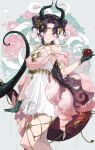  1girl absurdres anjo_nala anjo_nala_(forbidden_fruit) apple black_hair chinese_commentary commentary_request demon_girl demon_horns double_bun dress feet_out_of_frame floral_background flower food fruit gloves gold_choker green_gloves green_horns green_tail grey_background hair_bun hair_flower hair_ornament highres holding holding_food holding_fruit horns jiaxin_qiqiu_bao_dan light_smile lizard_tail long_hair multicolored_tail official_alternate_costume parted_bangs pink_flower purple_eyes red_tail reverse:1999 short_dress sleeveless sleeveless_dress solo tail white_dress white_flower 