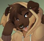 anthro brown_body brown_eyebrows brown_eyes brown_fur brown_hair brown_nose canid canine canis clothing colored digital_drawing_(artwork) digital_media_(artwork) domestic_dog ear_piercing eyebrows facial_piercing fangs feve fingers floppy_ears fur hair hi_res hood_up hoodie male mammal nose_piercing nose_ring open_mouth piercing pink_tongue ring_piercing shaded short_hair simple_background smile solo teeth tongue tongue_out topwear yellow_clothing yellow_hoodie yellow_topwear