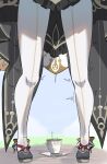  1girl black_shoes commentary_request cup genshin_impact highres legs lower_body pantyhose sandrone_(genshin_impact) saucer shoes solo standing teacup white_pantyhose ynfkin 