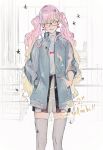  1girl absurdres black_skirt blonde_hair blue_jacket blush bow bow_earrings commentary curly_hair earrings english_text fashion glasses gradient_hair grey_thighhighs hands_in_pockets highres jacket jewelry light_smile long_hair long_sleeves looking_at_viewer multicolored_hair original parted_lips pink_hair red_bow shirt sketch_background skirt solo sparkle standing thighhighs twintails two-tone_hair untranslatable_commentary vient white_background white_eyes white_shirt 