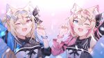  2girls alonekm animal_ears arm_up bandaid bandaid_hair_ornament blonde_hair blue_hair blue_jacket blue_nails commentary_request dog_ears dog_girl fang fuwawa_abyssgard hair_ornament hairpin highres hololive hololive_english hololive_idol_uniform_(color_rise) jacket long_hair looking_at_viewer mococo_abyssgard multicolored_hair multiple_girls nail_polish official_alternate_costume one_eye_closed open_mouth pink_hair pink_jacket pink_nails short_hair skin_fang smile two-tone_hair two_side_up very_long_hair virtual_youtuber x_hair_ornament 