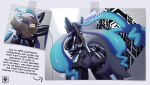 absurd_res anal anal_hook anal_penetration anthro balls bdsm blindfold bodily_fluids bondage bondage_gear bound chastity_cage chastity_device clothing cock_and_ball_torture generation_4_pokemon generation_9_pokemon genital_torture genitals hi_res humbler latex latex_clothing latex_skinsuit lucario male mega_evolution mega_lucario_z musk musk_cloud muzzle_(object) muzzled n1k0 nintendo nose_hook penetration pokemon pokemon_(species) restraints skinsuit solo submissive sweat tail text tight_clothing