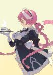  1girl absurdres akurin_14 alternate_costume animal_ears black_bow bow braid breasts closed_mouth collared_dress commentary cup dress english_commentary extra_ears from_side glasses gloves highres holding holding_cup hololive hololive_english long_hair long_sleeves looking_to_the_side maid maid_headdress official_alternate_costume panther_ears panther_girl panther_tail pink_hair puffy_long_sleeves puffy_sleeves raora_panthera raora_panthera_(maid) round_eyewear simple_background smile solo standing tail thighhighs twin_braids virtual_youtuber white_gloves white_thighhighs yellow_background yellow_eyes 