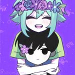  2boys artist_name basil_(headspace)_(omori) basil_(omori) black_eyes black_hair black_tank_top blue_overalls closed_eyes closed_mouth collarbone colored_skin commentary double-parted_bangs expressionless flower flower_wreath green_hair green_shirt hair_between_eyes head_wreath highres hug hug_from_behind jajajam_yummy looking_at_viewer male_focus multiple_boys omori omori_(omori) open_mouth overalls shirt short_hair short_sleeves sidelocks t-shirt tank_top teeth tongue twitter_username upper_teeth_only white_skin 