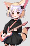  1girl :d alternate_costume animal_ear_fluff animal_ears black_choker black_dress black_nails blonde_hair blush brown_eyes choker commentary cowboy_shot dress extra_ears eyebrows_visible_through_hair fennec_(kemono_friends) fox_ears fox_girl fox_tail grey_background guitar highres instrument kemono_friends long_sleeves looking_at_viewer multicolored_hair nail_polish noamem open_mouth short_hair simple_background smile solo tail thigh_strap two-tone_hair white_hair 