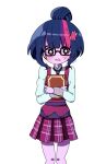  1girl animification blue_hair book bright_pupils colored_skin commentary_request cowboy_shot crystal_prep_academy_school_uniform cutie_mark equestria_girls:_friendship_games glasses hair_bun hair_ornament highres holding holding_book long_sleeves looking_at_viewer lottemkmkd multicolored_hair my_little_pony my_little_pony:_equestria_girls my_little_pony:_friendship_is_magic necktie open_mouth pink_streaks plaid_clothes plaid_skirt pleated_skirt purple_eyes purple_necktie purple_skin purple_skirt purple_streaks purple_vest school_uniform sci-twi shirt short_hair shy simple_background single_hair_bun skirt solo standing streaked_hair tachi-e transparent_background twilight_sparkle vest white_shirt 