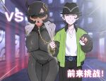  1boy 1girl black_bodysuit black_hair blindfold bodysuit breasts chain chain_leash covered_nipples curvy dark-skinned_female dark_skin emma_(pokemon) green_jacket hair_ornament hat highres holding holding_poke_ball huge_breasts jacket large_breasts latex latex_bodysuit leash long_sleeves lumiose_city mega_stone paxton_(pokemon) poke_ball pokemon pokemon_(creature) pokemon_legends:_z-a pussy_juice short_hair thick_thighs thighs tomatosp tongue tongue_out wide_hips 