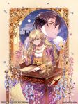  1boy 1girl art_nouveau blonde_hair blue_eyes brown_hair check_commentary chrysanthemum commentary_request constellation daisy_(flower) envelope flower highres holding implied_hetero jewelry letter lipstick long_hair long_sleeves love_letter makeup mixed-language_commentary moon necklace night original pen petals pomeranian_(dog) quill smile unmoving_pattern wax_seal writing yellow_eyes yuu_(arcadia) 