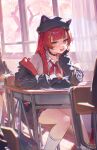  1girl absurdres animal_ears black_choker black_hat black_jacket bow bowtie choker collared_shirt commentary_request desk fake_animal_ears fang hair_ornament hairclip hat highres indoors jacket kneehighs korean_commentary long_hair looking_at_viewer miniskirt multicolored_hair nekota_tsuna nekota_tsuna_(4th_costume) off_shoulder open_mouth orange_eyes pleated_skirt red_hair red_skirt school_desk school_uniform shirt sitting skirt slit_pupils smile socks solo streaked_hair thighs virtual_youtuber vspo! white_shirt white_socks ye_jji 