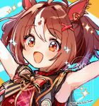  1girl :d ahoge animal_ear_piercing animal_ears armpits bare_shoulders blue_background blush bow bowtie brown_hair commentary_request dot_nose double-parted_bangs gran_alegria_(smile_my_way!)_(umamusume) gran_alegria_(umamusume) hair_between_eyes hair_intakes hair_ornament highres horse_ears horse_girl open_mouth orange_eyes outstretched_arms portrait red_bow red_bowtie red_shirt shirano_akihiro shirt short_hair sleeveless sleeveless_shirt smile solo sparkle spread_arms twitter_username two_side_up umamusume watermark x_hair_ornament 