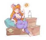anthro blue_eyes blush bodily_fluids bottle box breasts cardboard cardboard_box chip_'n_dale_rescue_rangers clothed clothing container digital_media_(artwork) disney english_text eyewear eyewear_on_head female gadget_hackwrench goggles goggles_on_head hair hi_res jumpsuit kuroi_kamome long_hair mammal mouse murid murine nipples nude pillow rodent simple_background solo sweat tail text water_bottle