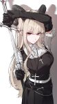  1girl absurdres belt black_dress black_gloves black_horns blonde_hair breasts collared_shirt commentary cowboy_shot cross cross_necklace curled_horns dress elbow_gloves gloves highres holding holding_sheath holding_sword holding_weapon horns jewelry large_breasts leria_v long_hair looking_at_viewer multiple_belts necklace original pinafore_dress pointy_ears red_eyes sheath shirt sleeveless sleeveless_dress sleeves_rolled_up slit_pupils solo sword untranslatable_commentary weapon white_background white_shirt 