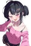  1girl absurdres ahoge bare_shoulders black_bra black_hair black_skirt blush bra breasts collarbone commentary from_above hair_ornament hairclip hand_on_own_face hands_up highres looking_at_viewer mawe127 medium_breasts off-shoulder_sweater off_shoulder open_mouth original pink_eyes pink_sweater selfie sharp_teeth short_hair sidelocks simple_background skirt solo sweater teeth tongue tongue_out underwear upper_body upper_teeth_only white_background 