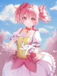  1girl absurdres blue_sky bow bow_choker bubble_skirt choker cloud cloudy_sky collarbone day dot_nose dress frills gem gloves hair_ribbon hand_on_own_chest highres kaname_madoka kaname_madoka_(magical_girl) looking_at_viewer magical_girl mahou_shoujo_madoka_magica mahou_shoujo_madoka_magica_(anime) offering_hand oh_gong05 outdoors outstretched_hand petals pink_bow pink_choker pink_dress pink_eyes pink_gem pink_hair pink_ribbon pink_theme puffy_short_sleeves puffy_sleeves red_choker ribbon ribbon_choker short_sleeves short_twintails skirt sky smile solo soul_gem square_neckline twintails waist_bow white_gloves white_skirt 