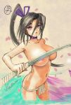  1girl areola_slip black_hair breasts choker commentary_request convenient_censoring cowboy_shot falling_petals fundoshi hair_ribbon high_ponytail holding holding_sword holding_weapon huge_breasts japanese_clothes katana kousaka_shigure large_breasts lips long_hair looking_up matsuena_shun navel nude official_art partially_submerged petals ponytail purple_eyes ribbon shijou_saikyou_no_deshi_ken'ichi signature solo speech_bubble standing sword topless_female water weapon 