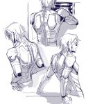  1girl android back back_focus commentary cropped_torso elster_(signalis) english_commentary from_behind highres leaning_back marion_(plinkoping) monochrome multiple_views short_hair signalis simple_background sketch skin_seams white_background 