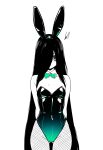  1girl absurdres animal_ear_hairband animal_ears bags_under_eyes bare_shoulders black_hair black_leotard bow bowtie breasts cleavage closed_mouth covered_navel detached_collar fake_animal_ears fishnet_pantyhose fishnets green_leotard greyscale hair_over_one_eye hairband highleg highleg_leotard highres leotard long_hair looking_at_viewer lughost monochrome pantyhose playboy_bunny rabbit_ear_hairband rabbit_ears rabbit_tail signature simple_background solo strapless strapless_leotard tail the_ring very_long_hair white_background white_wrist_cuffs wrist_cuffs yamamura_sadako 