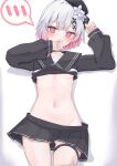  1girl @_@ absurdres ass_visible_through_thighs beret black_choker black_hat black_ribbon black_serafuku black_shirt black_skirt blush breasts center-flap_bangs choker clothes_lift commentary_request covering_own_mouth cowboy_shot double-parted_bangs embarrassed flower gradient_hair groin hair_flower hair_ornament hair_ribbon hand_over_own_mouth hat highres icedream long_sleeves looking_at_viewer mahou_shoujo_no_majo_saiban miniskirt multicolored_hair no_bra no_panties pink_hair pink_nails pleated_skirt ribbon sakuraba_ema school_uniform serafuku shirt shirt_lift short_hair simple_background skirt small_breasts solo straight-on thigh_strap two-tone_hair underboob upskirt white_background white_flower white_hair x_hair_ornament 