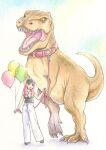  1girl animal_collar baggy_pants balloon baseball_cap black_hat black_shirt collar commentary_request dinosaur earrings full_body hair_over_shoulder hand_up hat highres holding holding_balloon holding_leash hoop_earrings jewelry leash long_hair nagano_akane open_mouth original pants pink_hair red_collar sharp_teeth shirt smile standing standing_on_one_leg strapless strapless_shirt teeth traditional_media tyrannosaurus_rex white_pants 