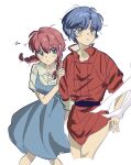  2girls blue_dress blue_eyes blue_hair braid chinese_clothes closed_mouth commentary cowboy_shot dress english_commentary fuurinkan_high_school_uniform hand_on_another's_arm jay_03010 multiple_girls ranma-chan ranma_1/2 red_hair school_uniform short_hair tendou_akane twin_braids white_background yellow_eyes 