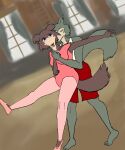 absurd_res akiak-wolf ambiguous_expression anime_eyes anthro arm_out athletic_wear ballerina ballet beastars blurred_background breasts brown_body brown_fur canid canine canis cherryton_academy clothing countershade_face countershade_neck countershade_torso countershading dancing duo eyes_closed female fur grey_body grey_fur gym gym_uniform hand_on_breast hi_res hug juno_(beastars) legoshi_(beastars) male male/female mammal on_one_leg pensive pink_clothing romantic school small_breasts standing tails_touching tan_body tan_fur uniform wolf