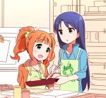  2girls :d :o animal_print apron bangs blue_hair blue_jacket blunt_bangs blush brown_eyes carrot chopsticks collarbone cooking dark_blue_hair dot_nose eye_contact eyebrows_visible_through_hair eyes_visible_through_hair frog_print from_side frying_pan green_apron green_eyes hands_up head_tilt holding holding_chopsticks holding_frying_pan hood hood_down hoodie idolmaster idolmaster_(classic) indoors jacket kisaragi_chihaya kitchen light_blush long_hair long_sleeves looking_at_another looking_to_the_side magnet multiple_girls open_mouth orange_hair orange_hoodie paper parted_bangs parted_lips popped_collar print_apron refrigerator_magnet short_sleeves sleeves_past_elbows smile sparkle sparkling_eyes straight_hair takatsuki_yayoi tareme twintails upper_body wavy_hair yoru_nai 