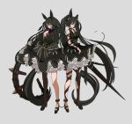  2girls absurdres amano_haruka_(sakogamitokuan) animal_ears ankle_cuffs black_hair blush breasts chain collar dark_souls_(series) dark_souls_ii dress executioner&#039;s_chariot hand_on_own_chest high_heels highres horse_ears horse_girl long_hair long_sleeves multiple_girls personification red_eyes simple_background single_leg_pantyhose sleeveless sleeveless_dress torn_clothes torn_legwear twintails very_long_hair 