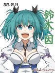  1girl :d aqua_eyes aqua_hair assault_lily between_breasts black_necktie black_ribbon blue_shirt blush breasts character_name clothes_between_breasts collared_shirt commentary dated dated_commentary hair_ribbon hands_on_own_hips highres ibuki_riku juliet_sleeves long_sleeves looking_at_viewer medium_breasts medium_hair necktie necktie_between_breasts odaiba_girls_high_school_uniform open_mouth puffy_sleeves ribbon school_uniform shirt short_necktie simple_background smile solo suzuki_chinami teeth translated twintails twitter_username two-tone_shirt upper_body upper_teeth_only v-shaped_eyebrows white_background white_shirt 