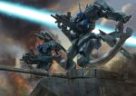  assault_visor asymmetrical_dual_wielding blue_visor blurry blurry_background commentary commission dual_wielding english_commentary finger_on_trigger from_side gun highres holding holding_gun holding_sword holding_weapon mecha mecha_focus military_vehicle motor_vehicle muv-luv muv-luv_alternative no_humans outdoors primate_nemesis radio_antenna robot science_fiction smoke standing sword tactical_surface_fighter tank type_94_shiranui weapon 