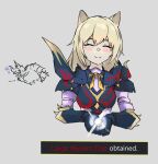  1girl animal_ears arknights armor astrograph21 blonde_hair bloodbath_diablos_(armor) blush character_request closed_eyes commentary dog_ears dog_girl english_commentary english_text facing_viewer gauntlets hair_between_eyes highres holding monster_hunter_(series) podenco_(arknights) ribbon shoulder_armor simple_background smile upper_body yellow_ribbon 
