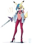  1girl 22_nbdy0000961 absurdres animal_ears black_gloves black_shoes blue_eyes bow bowtie canari_(pokemon) commentary_request fingerless_gloves full_body gloves heart_maebari high_heels highres holding holding_sword holding_weapon jacket leggings looking_at_viewer maebari mask master_sword mouth_mask multicolored_hair open_clothes open_jacket pasties pikachu_ears pikachu_tail pink_bow pink_bowtie pointing pokemon pokemon_legends:_z-a pokemon_tail red_leggings reverse_bunnysuit reverse_outfit shoes solo speech_bubble standing sword tail the_legend_of_zelda translation_request twintails weapon white_background 