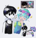  >_< +_+ 2boys antenna_hair arrow_(symbol) basil_(headspace)_(omori) basil_(omori) black_eyes black_hair black_tank_top blue_overalls blush closed_eyes closed_mouth colored_skin covering_own_mouth double-parted_bangs expressionless flower flower_wreath green_eyes green_hair green_shirt hair_between_eyes hand_over_own_mouth head_wreath highres male_focus multiple_boys omori omori_(omori) overalls shirt short_hair short_sleeves tank_top translation_request ttyyuwwuw white_skin 