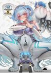  1girl animal_ear_headphones animal_ears ass blue_eyes blue_hair bodypaint bodysuit breasts cat_ear_headphones cat_ears fake_animal_ears goddess_of_victory:_nikke headphones highres impossible_bodysuit impossible_clothes large_breasts long_hair looking_at_viewer mekami_shifty_(nikke) multicolored_bodysuit nightsliice257 painted_clothes shoes short_twintails sneakers solo spread_legs squatting twintails white_bodysuit wide_spread_legs 