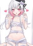  1girl absurdres ass_visible_through_thighs bandages beret black_hat black_ribbon blush center-flap_bangs commentary_request double-parted_bangs fang flat_chest flower gradient_hair hair_flower hair_ornament hair_ribbon hat heart highres icedream looking_at_viewer mahou_shoujo_no_majo_saiban multicolored_hair naked_bandage navel open_mouth paw_pose pink_eyes pink_hair pink_nails ribbon sakuraba_ema short_hair simple_background solo two-tone_hair white_background white_hair x_hair_ornament 