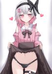  1girl absurdres ass_visible_through_thighs black_hairband black_panties black_ribbon black_skirt book_off breasts center-flap_bangs clothes_lift commentary_request cowboy_shot detached_sleeves double-parted_bangs frilled_shirt frills gradient_hair hair_ornament hair_ribbon hairband heart high-waist_skirt highres icedream lifting_own_clothes light_smile long_sleeves looking_at_viewer mahou_shoujo_no_majo_saiban multicolored_hair navel o-ring o-ring_thigh_strap official_alternate_costume panties pink_eyes pink_hair pink_nails pink_shirt puffy_long_sleeves puffy_sleeves ribbon sakuraba_ema shirt short_hair simple_background skirt skirt_lift small_breasts solo straight-on thigh_strap two-tone_hair underwear white_background white_hair x_hair_ornament 