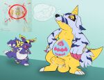 animal_skin anthro balls bandai_namco belly bodily_fluids cum digimon digimon_(species) duo elecmon elecmon_violet erection fantasizing fur gabumon genital_fluids genitals horn humor key keyring male male/male merchandise penis pinnipip slightly_chubby striped_body striped_fur stripes
