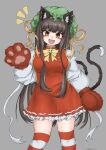  1girl alternate_hair_length_(longer) animal_ear_fluff animal_ear_piercing animal_ears animal_hands black_hair blush bow bowtie breasts brown_eyes cat_ears cat_girl cat_paws cat_tail chen dress fang green_hat grey_background hat highres kouunaibennki long_hair long_sleeves looking_at_viewer mob_cap mole mole_under_mouth multicolored_thighhighs multiple_tails open_mouth red_dress red_thighhighs simple_background slit_pupils solo striped_clothes striped_thighhighs tail thighhighs touhou two-tone_thighhighs two_tails white_thighhighs yellow_bow yellow_bowtie 