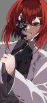  1girl absurdres ange_katrina ange_katrina_(lab_coat) black_nails black_necktie black_sclera black_skin blood blue_eyes coat collared_shirt colored_sclera colored_skin commentary_request corruption crossed_bangs grey_background grey_shirt grin hair_between_eyes hair_ornament hands_up highres holding_own_wrist lab_coat lapels long_sleeves looking_at_viewer medium_hair mismatched_eyes multicolored_skin necktie nijisanji nosebleed notched_lapels open_clothes open_coat red_hair shirt shunga_(shun608) simple_background smile solo sweat triangle_hair_ornament two-tone_skin upper_body virtual_youtuber white_coat 