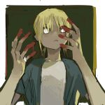  1girl absurdres blonde_hair blood blood_on_hands blue_shirt bright_pupils chinese_commentary commentary_request copyright_request frown highres layered_shirt looking_at_viewer low_twintails no_sclera shirt short_hair solo toseri twintails upper_body white_eyes white_pupils white_shirt 