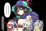  4girls absurdres ahoge beanie black_hair black_scarf blonde_hair blue_archive blue_eyes blush braid chihiro_(blue_archive) chihiro_(blue_archive)_(cosplay) chihiro_(camp)_(blue_archive) commentary_request cosplay glasses green_eyes green_jacket grey_hair hair_between_eyes halo hare_(blue_archive) hare_(camp)_(blue_archive) hat highres jacket kotama_(blue_archive) kotama_(camp)_(blue_archive) long_hair long_sleeves maki_(blue_archive) maki_(camp)_(blue_archive) mama_netorare_dokokai misaki_(blue_archive) multiple_girls official_alternate_costume official_alternate_hairstyle open_clothes open_jacket open_mouth ponytail purple_eyes purple_halo red_eyes red_hair red_halo scarf short_hair speech_bubble translation_request twin_braids white_hat 