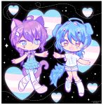  2girls :d absurdres ahoge animal_ears ayase_mayoi bandaid bandaid_on_knee bandaid_on_leg black_background black_collar blue_eyes blue_hair blue_skirt blush bow bracelet braid cat_ears cat_tail chibi closed_mouth collar commentary cross cross_earrings cross_necklace dog_ears dog_girl dog_tail ear_piercing earrings ensemble_stars! extra_ears facial_mark footwear_bow footwear_ribbon full_body genderswap genderswap_(mtf) hair_between_eyes hair_intakes hair_ornament hairclip heart heart_background heart_facial_mark heart_hair_ornament highres inverted_cross inverted_cross_necklace jewelry kemonomimi_mode kneehighs knees_together_feet_apart layered_skirt low_ponytail minnieeeworld multiple_girls neck_ribbon necklace open_mouth pantyhose parallel_hairclips paw_facial_mark paw_hair_ornament piercing pink_shirt pink_shoes ponytail print_shirt purple_ribbon ribbon scar scar_on_arm scar_on_thighs self-harm_scar shirt shoes short_ponytail short_sleeves single_braid single_off_shoulder skirt smile socks spiked_collar spikes star_(symbol) star_hair_ornament suspender_skirt suspenders tail tojo_kaname transgender_flag transgender_flag_print untranslatable_commentary white_pantyhose white_shirt white_socks wing_hair_ornament x_hair_ornament yellow_eyes 