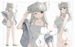  1girl absurdres ahoge animal_ears arknights arknights:_endfield ass bare_shoulders bird_ears bird_tail blue_eyes blush breasts closed_eyes cowboy_shot diamond-shaped_pupils diamond_(shape) from_behind full_body grey_hair grey_jacket hand_on_own_ear hand_up highres jacket large_breasts legs long_hair looking_at_viewer looking_back multiple_views off_shoulder one-piece_swimsuit one_eye_closed perlica_(arknights) spam_(spamham4506) swimsuit symbol-shaped_pupils tail thigh_strap upper_body white_background white_one-piece_swimsuit 
