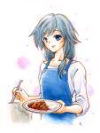  1girl apron black_hair blue_apron blue_eyes commentary_request curry curry_rice food fu_hua highres holding holding_ladle honkai_(series) honkai_impact_3rd ladle long_hair looking_at_viewer mon_momu painting_(medium) ponytail rice shirt simple_background solo traditional_media upper_body watercolor_(medium) white_background white_shirt 