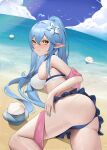  1girl absurdres ahoge ass bangs beach bikini bikini_skirt bird blue_bikini blue_hair blue_nails blue_sky blush breasts closed_mouth cloud daifuku_(yukihana_lamy) day flower hair_between_eyes hair_flower hair_ornament heart_ahoge highres hololive jmao large_breasts long_hair looking_at_viewer looking_back lying ocean on_side outdoors pointy_ears ponytail sand shy sky swimsuit thighs virtual_youtuber water wet white_flower yellow_eyes yukihana_lamy 