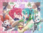  2girls ahoge aqua_eyes aqua_hair aqua_necktie aqua_trim arm_tattoo black_skirt blush boots borrowed_hairstyle closed_mouth collared_shirt commentary_request detached_sleeves ditto drill_hair farfetch'd grey_shirt hair_between_eyes hair_ornament hatsune_miku headset kasane_teto kasane_teto_(utau) long_hair long_sleeves looking_at_another looking_at_viewer meloetta meloetta_(aria) meloetta_(pirouette) mido_(mido504) miniskirt mirror multiple_girls necktie number_tattoo one_eye_closed pleated_skirt pokemon project_voltage red_eyes red_hair red_necktie red_trim shirt skirt smile sudowoodo tattoo twin_drills twintails twitter_username unown unown_! unown_? utau very_long_hair vocaloid wide_sleeves 
