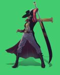  1boy abs absurdres beard black_boots black_hair bluezald boots coat commentary dracule_mihawk facial_hair green_background hat hat_feather highres holding holding_sword holding_weapon jewelry male_focus one_piece pants pendant shadow sideburns simple_background solo sword weapon yellow_eyes 