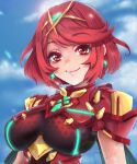  1girl bangs blue_sky bob_cut breasts closed_mouth cloud cloudy_sky earrings highres jewelry looking_at_viewer meowyin outdoors pyra_(xenoblade) red_eyes red_hair red_shirt shirt short_hair short_sleeves sky smile tiara xenoblade_chronicles_(series) xenoblade_chronicles_2 