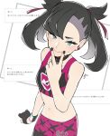  1girl asymmetrical_bangs bare_shoulders black_choker black_gloves black_hair black_leggings black_nails black_sports_bra blush breasts choker closed_mouth commentary_request earrings fingerless_gloves fingersmile gloves green_eyes hair_ribbon highres jewelry leggings leggings_under_shorts looking_at_viewer marnie_(pokemon) midriff mocollie navel pokemon pokemon_sword_and_shield purple_shorts red_ribbon ribbon shorts single_fingerless_glove small_breasts smile solo sports_bra sweatdrop twintails v wristband 